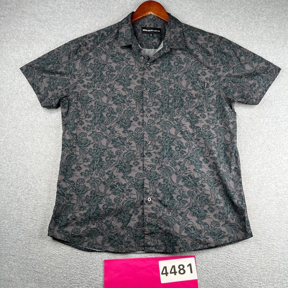 Molokai Surf Co Shirt Gray Green Floral Print Casual Button Up Short Sleeve XL